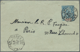 Anjouan: 1902, Stationery Envelope 15 C Blue/red Sent From "ANJOUAN COL.FRANC. 19 JUIN 02" (year Inv - Autres & Non Classés