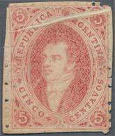 Argentinien: 1864 Rivadavia 5c. Rose-red, Perf 11½, 6th Printing, Variety "PAPERFOLD" At Top, Unused - Other & Unclassified