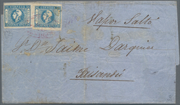 Argentinien - Provinzen: Buenos Aires: 1859, Two Singles Of 1p. Blue, Blurred Impression, Used On Fo - Buenos Aires (1858-1864)