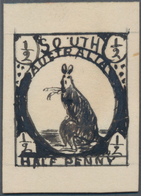 Südaustralien: 1890’s, Stamp Design Competition Handpainted ESSAY (18 X 23 Mm) In Black Ink On Paper - Lettres & Documents