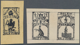 Südaustralien: 1890’s, Stamp Design Competition Three Handpainted ESSAYS (each 11 X 29 Mm) In Black - Lettres & Documents