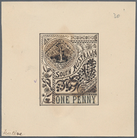 Südaustralien: 1890’s, Stamp Design Competition Handpainted ESSAY (40 X 46 Mm) In Sepia Ink On Card - Storia Postale