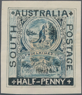 Südaustralien: 1890’s, Stamp Design Competition Handpainted ESSAY (42 X 49 Mm) In Blue Ink On Thin P - Covers & Documents