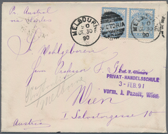 Victoria: 1890 (30.12.), QV 6d. Dull Blue Horizontal Pair Used On Cover From MELBOURNE Per 'Austral' - Storia Postale