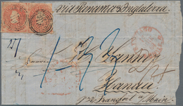 Chile: 1860, 5 C Red, Horizontal Pair, Right Stamp Touched, Else Close To Mostly Full Margins, Tied - Cile