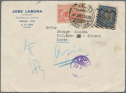 Chile - Besonderheiten: 1923/28, To Korea: Franked Card From Santiago With Transit "KEIJO" And Two C - Cile