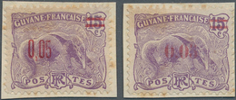 Französisch-Guyana: 1922, Revaluation Overprints, 0.05 On 15c. Violet "Anteater", Two Essays Of Over - Covers & Documents