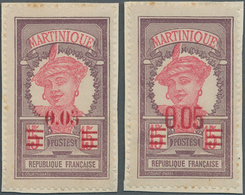 Martinique: 1922, Revaluation Overprints, 0.05 On 15c. Brownish Purple/rose, Two Essays Of Overprint - Autres & Non Classés