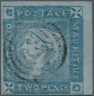 Mauritius: 1859, "Lapirot" TWO PENCE Blue, Early Impression, Full To Huge Margins All Around, Minime - Mauritius (...-1967)