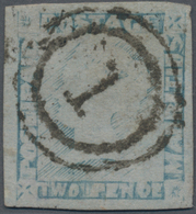 Mauritius: 1859, 2d. Blue, Worn Impression, Fine Used Copy Oblit. By Double Ring Numeral "1", Slight - Mauritius (...-1967)