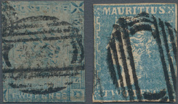 Mauritius: 1859 Two Used Singles, With 1) 'Lapirot' 2d. Blue On Bluish Paper, Worn Impression, Cut A - Maurice (...-1967)