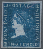 Mauritius: 1859 'Sherwin' 2d. Blue On Bluish Paper, Imperf, Sheet Pos. 2, From The 1848 Plate Re-eng - Maurice (...-1967)