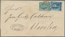 Mexiko: 1867, 1 R. Blue And 2 R. Green On Grey Blue Paper On Folded Inland Envelope From Mexico City - Mexiko