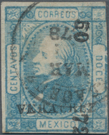Mexiko: 1872, Hidalgo Moiré 12 C. Blue, Laid Paper, District Overprint " 50 72" Of Vera Cruz, Little - Mexique