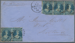 Neuseeland: 1866, 2 P Blue Pair And A Stripe Of Three With Circle Cancel "HOKITIKA" To Scotland, Via - Covers & Documents