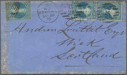 Neuseeland: 1870, Three Stamp 2 P Blue With Circle Cancel "HOKITIKA" To Scotland Via Honolulu, Stamp - Lettres & Documents