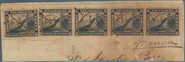 Nicaragua: 1862 5c. Black, Strip Of Three And Two Singles Used On Small Piece Of Cover, All Cancelle - Nicaragua