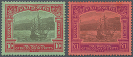 St. Kitts-Nevis: 1923, Tercentenary 10s. Black And Red/emerald And £1 Black And Purple/red, Two Key - St.Kitts-et-Nevis ( 1983-...)