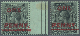 St. Vincent: 1915, KGV 1s. Black/green Locally Surcharged 'ONE PENNY' With Variety 'PENNY' And Bar D - St.Vincent (1979-...)