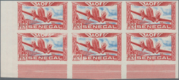 Senegal: 1942, Airmail Issue 100fr. Carmine/blue (starting Airplane) In An IMPERFORATE Block Of Six - Sénégal (1960-...)