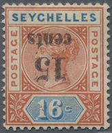 Seychellen: 1893 QV 15c. On 16c. Chestnut & Blue, Variety "OVERPRINT INVERTED", Mint Lightly Hinged, - Seychellen (...-1976)