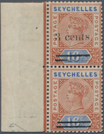 Seychellen: 1901 QV 3c. On 16c. Chestnut & Ultramarine, Left-hand Marginal Pair With Overprint Varie - Seychelles (...-1976)