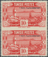 Tunesien: 1945, Soldier's Relief, 10fr. + 40fr. Red, Vertical Pair Showing Variety "imperforate Betw - Lettres & Documents