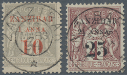 Zanzibar: 1894, 1 A Red On Grey And 2 1/2 A Black On Brown Overprint Stamps Cancelled In Good Condit - Zanzibar (...-1963)