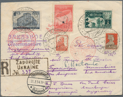 Zeppelinpost Übersee: 1934, Ukraine, Sehr Seltene Zeppelinpost R-Bf Mit 5 Farbenfankatur Von Zaporoj - Zeppelins