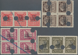 Ägäische Inseln: RHODOS: 1929, 20 C Red In Horizontal Stripe Of Three, 50 C Brown Block Of 4, 5 L Li - Egée