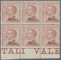 Ägäische Inseln: 1922, Italy Victor Emanuel III, 85c. Red-brown With Black Opt. ‚Rodi‘ Block Of Six - Egée