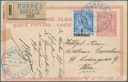 Albanien - Ganzsachen: 1914, 10 Q Red 'Skanderbeg' Postal Stationery Card Uprated With 1 Gr On 25 Q - Albanien