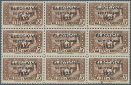 Andorra - Französische Post: 1933, "ELECTIONS" Overprints, Private Issue, 3c. Brown In Block Of Nine - Sonstige & Ohne Zuordnung