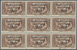 Andorra - Französische Post: 1933, "ELECTIONS" Overprints, Private Issue, 3c. Brown In Block Of Nine - Andere & Zonder Classificatie