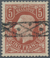 Belgien: 1878, Leopold II. 5fr. Redbrown Fine Used With Roller Cancel But Minor Thinned, Scarce Stam - Autres & Non Classés