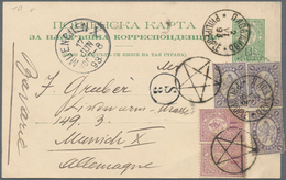 Bulgarien - Ganzsachen: 1890, 5 St Green Postal Stationery Card With Interesting Additional Franking - Postcards