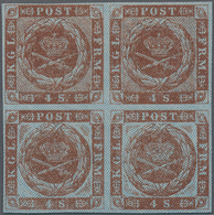 Dänemark: 1854 Proof Of 4s. Brown With Blue Burelage, Plate IV, Block Of Four Showing Top Pair With - Unused Stamps