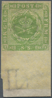 Dänemark: 1857 8s. Green Bottom Marginal Single, Wmk Crown Plus Part Marginal Sheet Wmk, Mint Never - Neufs