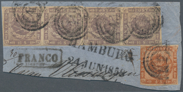 Dänemark: 1857 16s. Greyish Violet Two Horiz. Pairs Used Along With 1858 4s. Brown On Piece Of Cover - Ungebraucht