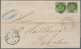 Dänemark: 1858 Two Singles Of 8s. Green Used On Letter From Copenhagen To Laholm, Sweden Via Helsing - Neufs