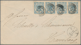 Dänemark: 1864 2s. Blue Horizontal Strip Of Four Used On Cover From Ribe To Hamburg In 1867, All Tie - Ungebraucht