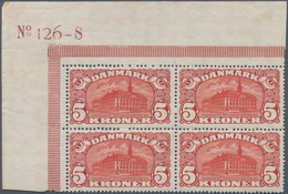 Dänemark: 1912 5kr. Brown-red Top Left Corner Block Of Four With Marginal Number "126-S", 4th (1919) - Ungebraucht