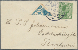 Dänemark - Färöer: 1919 Denmark 4 øre Blue Used BISECTED Diagonally Along With 5 øre Green On Small - Isole Faroer