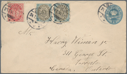 Dänemark - Ganzsachen: 1896 Desination CANADA: Postal Stationery Envelope 4 øre Blue, Uprated 3 øre - Ganzsachen