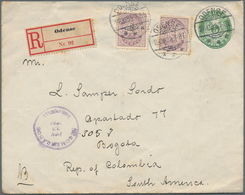 Dänemark - Ganzsachen: 1903 Destination COLOMBIA: Postal Stationery Envelope 5 øre Green Used Regist - Entiers Postaux