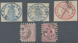 Finnland: 1856/1866, Five Used Stamps: First Issue 5k. Deep Blue With Small Pearl Cancelled By Almos - Gebruikt