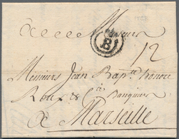 Frankreich - Vorphilatelie: 1728, "lily Over B" In A Double Circle, Early Very Rare Cancel On Folded - 1792-1815: Départements Conquis