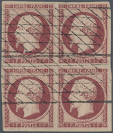 Frankreich: 1853, 1 F Lake On Yellowish, Used Block Of 4 With Open Grill Cancellations, Large To Ver - Other & Unclassified