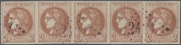 Frankreich: 1870, Bordeaux Issue, 2c. Marron, Horizontal Strip Of Five, Fresh And Intense Colour, Fu - Autres & Non Classés