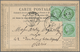 Frankreich: 1873, Three Stamps 5 C Green Multiple Franking On Pre-print Postcard Used In Paris - Altri & Non Classificati